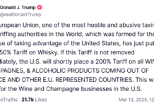 Trump posts retaliations on whisky tariffs