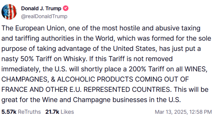 Trump posts retaliations on whisky tariffs